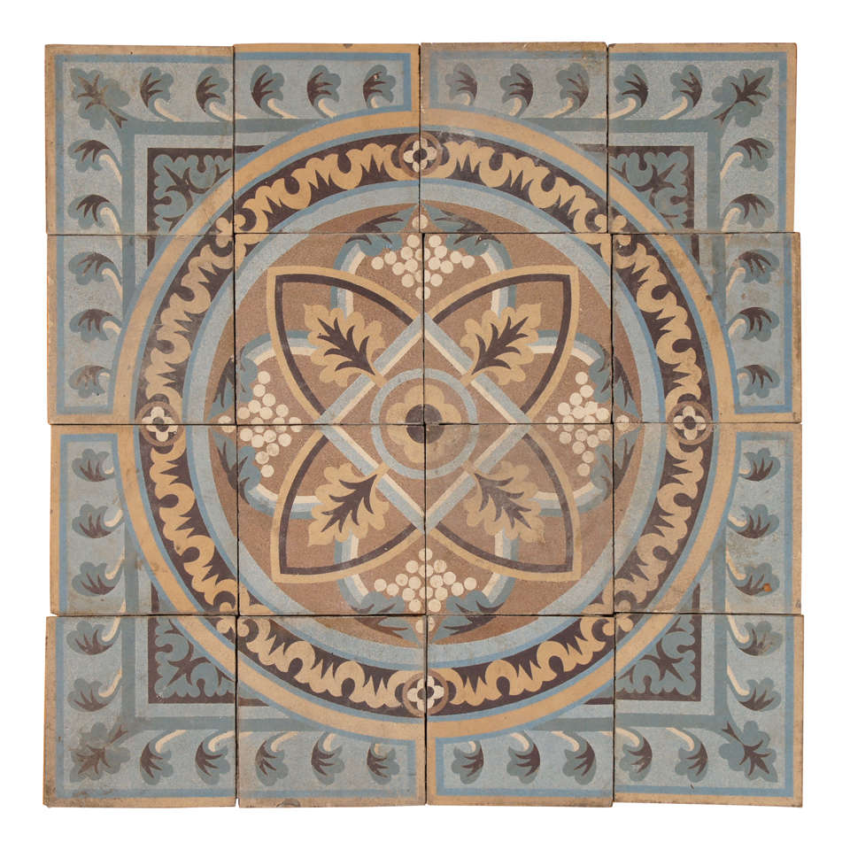 Encaustic Belgian Grape Motif Tiles in Circular Repeating Pattern For Sale