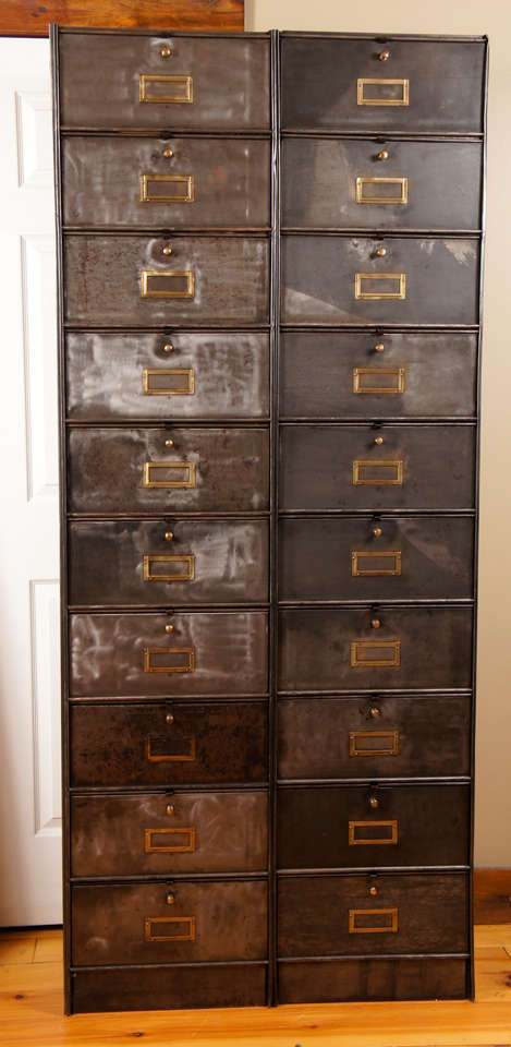 French Industrial Storage Cabinet, 20 Drawer, with brass pulls, circa 1950.