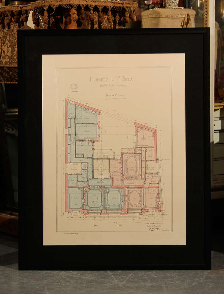set of 3 framed and matted french architectural drawings of Propriete de Mr Jugla  on the Rue Vital No 39, Paris-Passy. dated Feb. 20, 1894