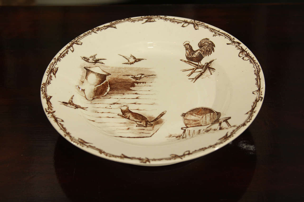 French Transferware Pedestal with Rooster, Cat and Birds