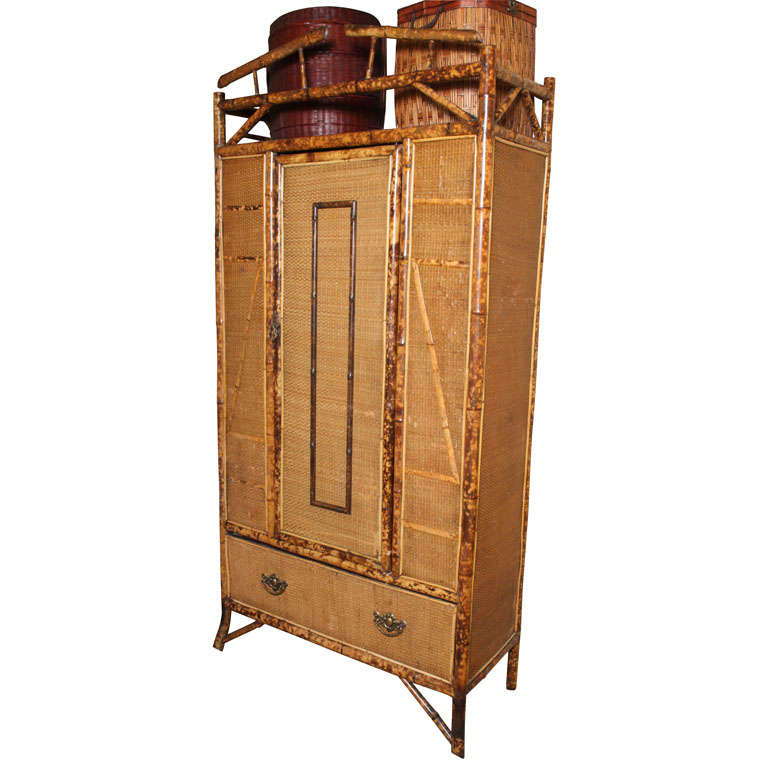 20th Century English Bamboo Armoire With Rattan