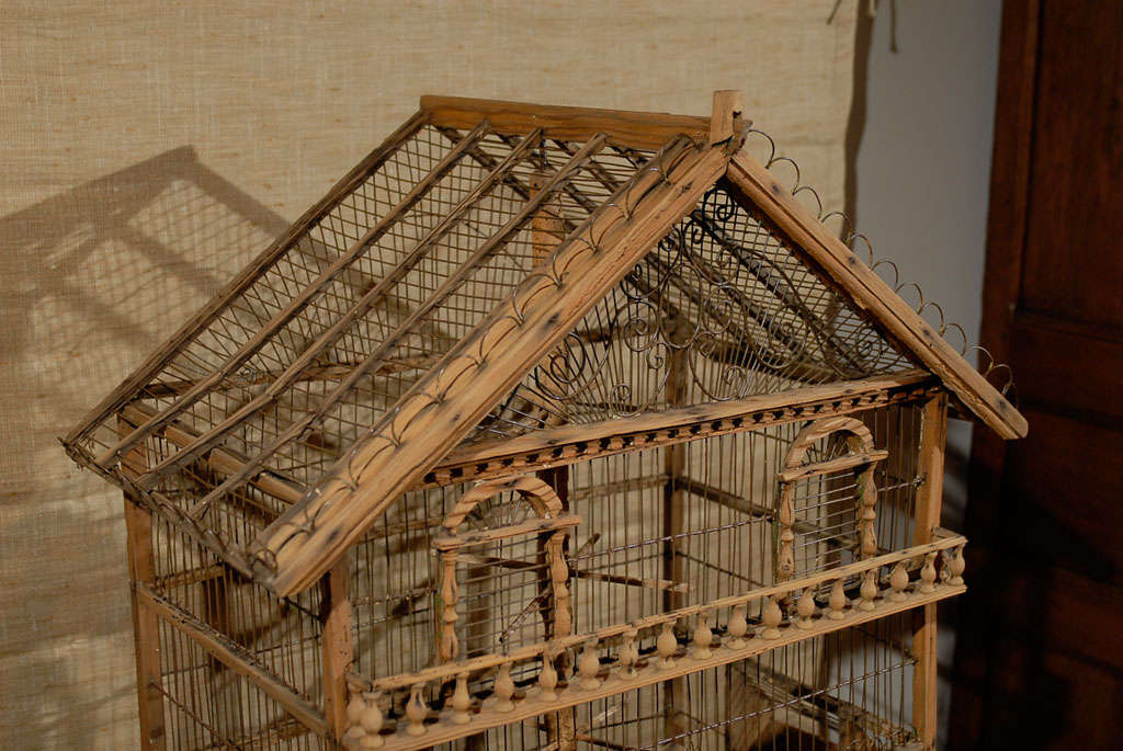 Turned French Rustic 1860s Napoléon III Wooden Birdcage with Scrolling Metal Motifs For Sale