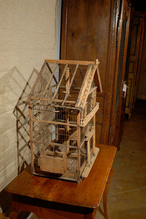 French Rustic 1860s Napoléon III Wooden Birdcage with Scrolling Metal Motifs In Good Condition For Sale In Atlanta, GA
