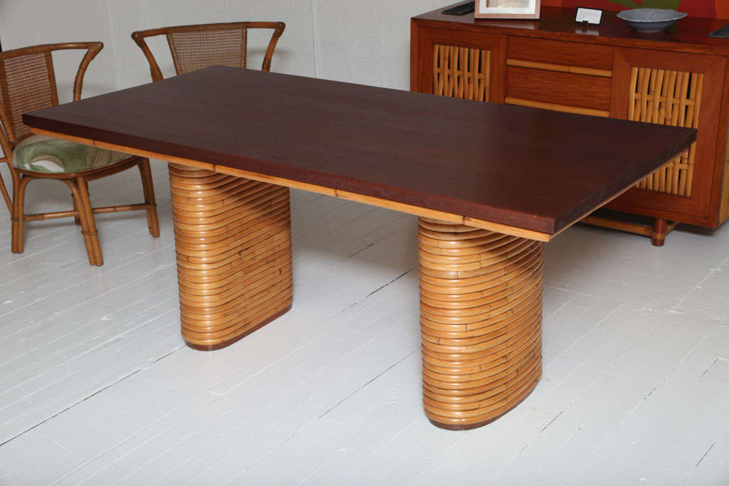 Rattan and Mahogany Dining Table in the Manner of Paul Frankl