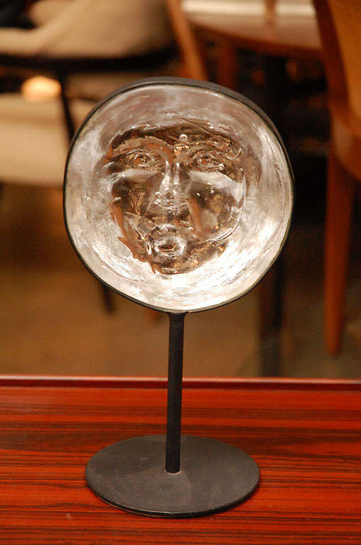 Glass Erik Hoglund glass and metal stand face sculpture for Boda