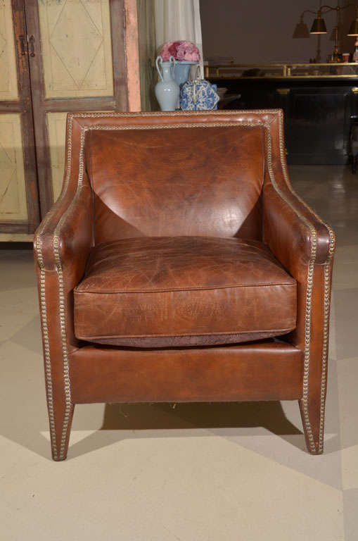 Leather Armchair with Brass Nailheads In Good Condition In Dallas, TX