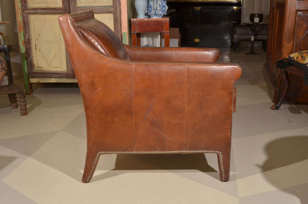 Contemporary Leather Armchair with Brass Nailheads