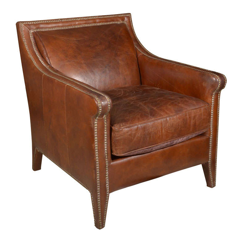 Leather Armchair with Brass Nailheads