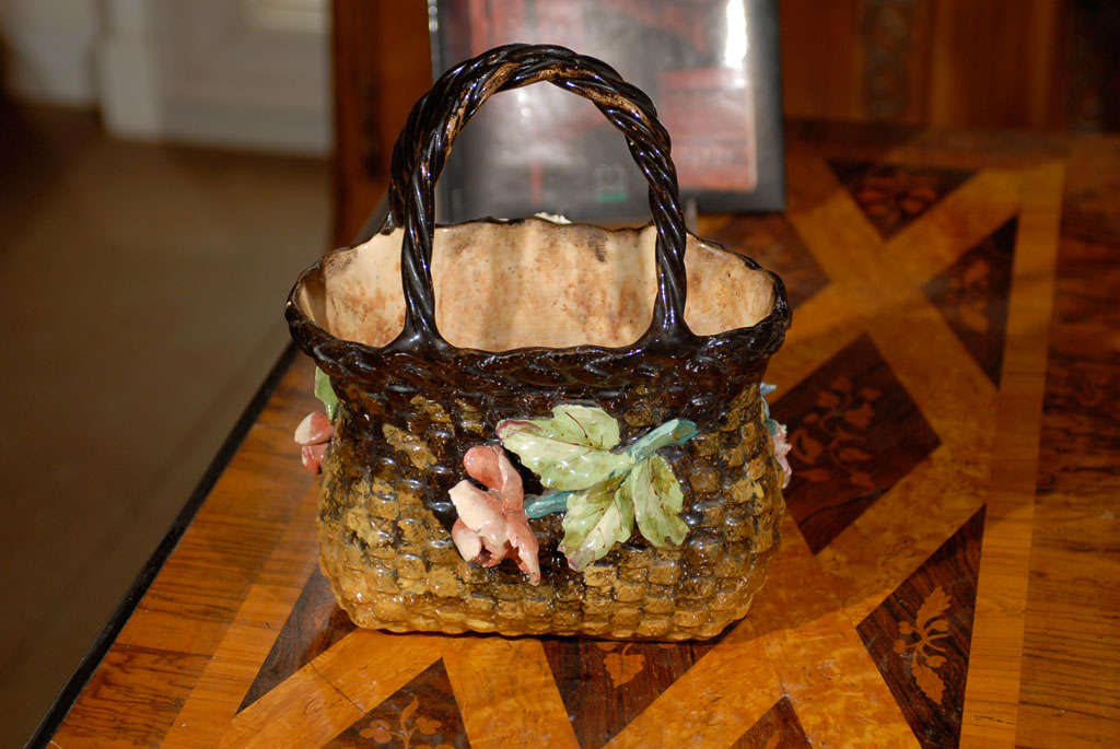French Barbotine Decorative Basket with Floral Decor and Handles, 19th Century 1