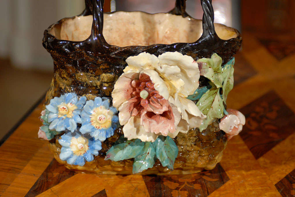 French Barbotine Decorative Basket with Floral Decor and Handles, 19th Century 3