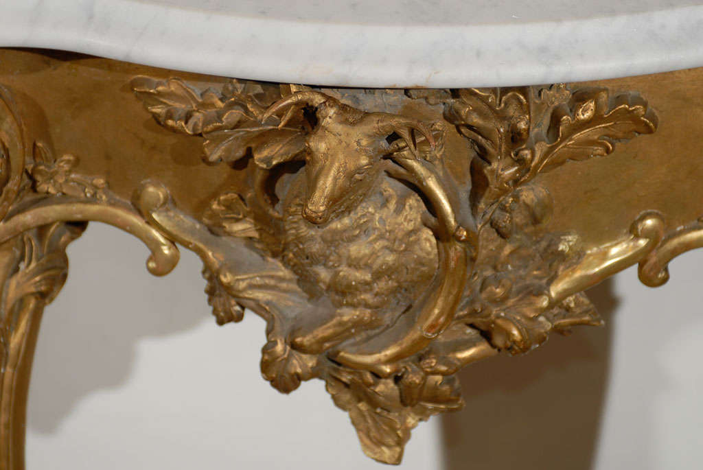 French Rococo Revival 1850s Console Table with Carrara Marble Top and Gilt Base In Good Condition In Atlanta, GA