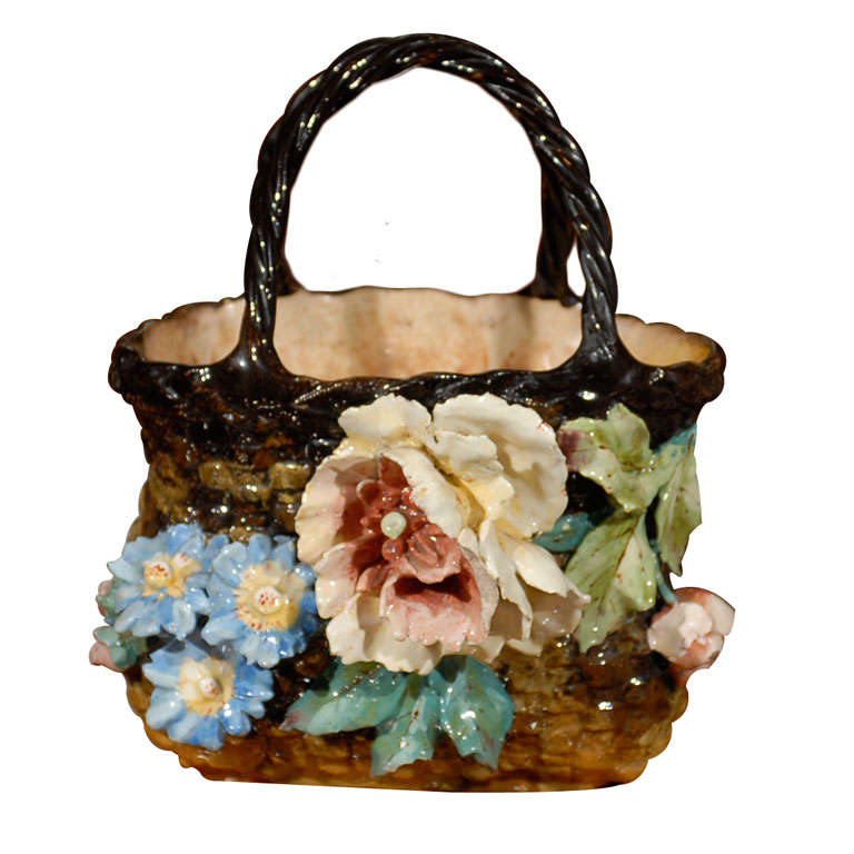 French Barbotine Decorative Basket with Floral Decor and Handles, 19th Cent...