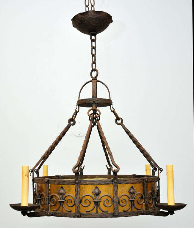 Iron Ring Chandelier with Curved Amber Glass Panels