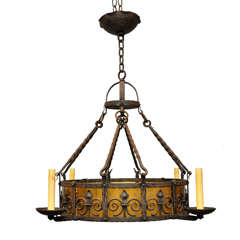 Antique Iron Ring Chandelier with Curved Amber Glass Panels