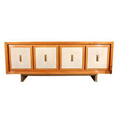 Large Bleached Walnut Buffet or Sideboard with Suede and Brass