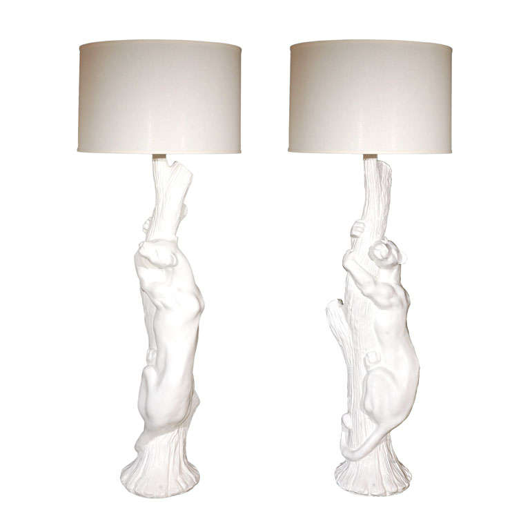 Pair Monumental White Lacquered Panther Lamps
