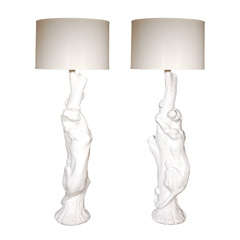 Pair Monumental White Lacquered Panther Lamps