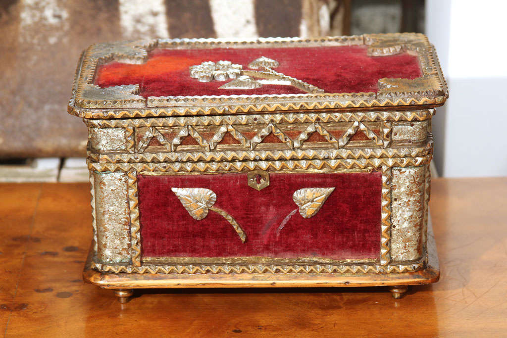 charming tramp art box with mirror held by carved tab