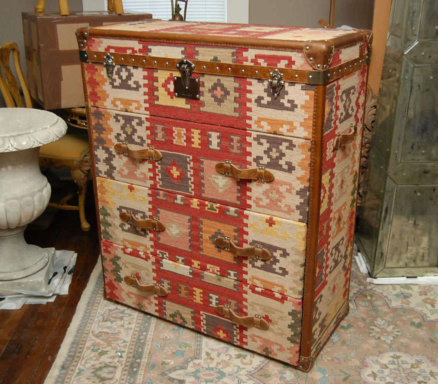 English Vintage  Kilim  Covered Campaign- style Chest of Drawers