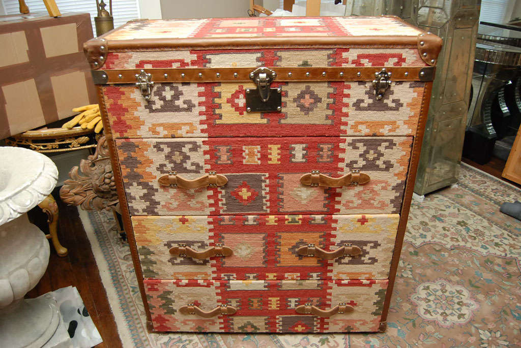 20th Century Vintage  Kilim  Covered Campaign- style Chest of Drawers