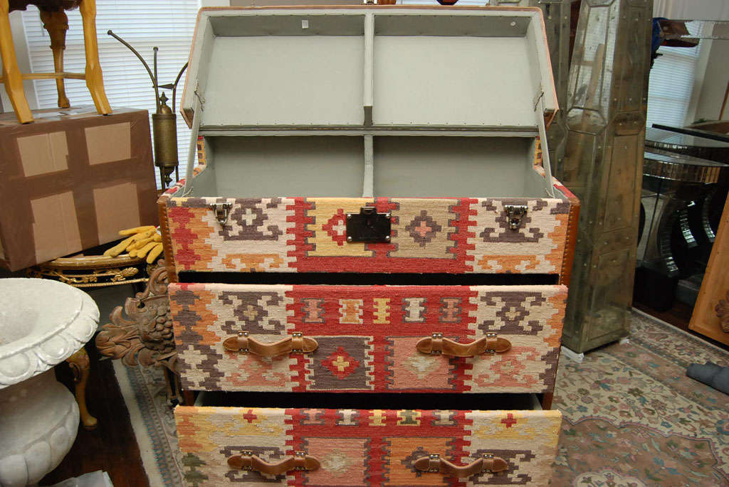 Vintage  Kilim  Covered Campaign- style Chest of Drawers 1