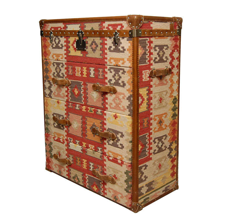 Vintage  Kilim  Covered Campaign- style Chest of Drawers