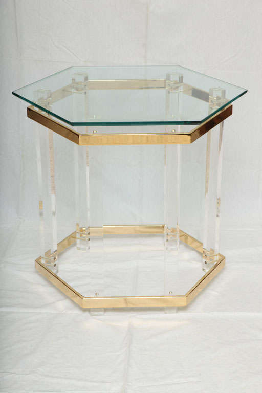 American Elegant Modern Lucite & Brass Hexagonal Table