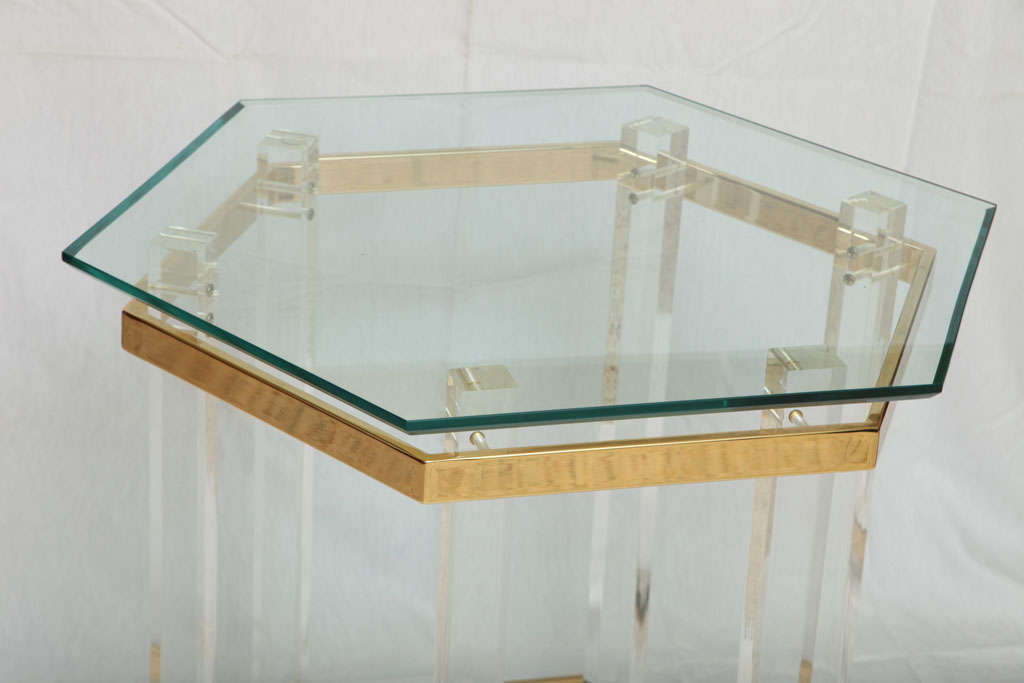 Late 20th Century Elegant Modern Lucite & Brass Hexagonal Table