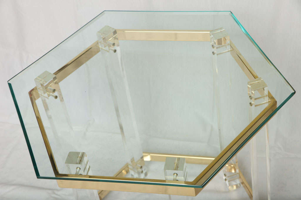 Elegant Modern Lucite & Brass Hexagonal Table 4