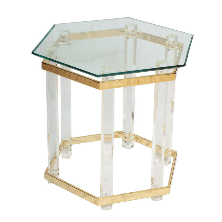 Elegant Modern Lucite & Brass Hexagonal Table