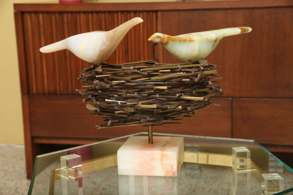 ...SOLD MARCH 2012...A rare find in this nicely scaled Curtis Jeré modern sculpture, signed & dated.  Two carved exquisitely veined onyx birds, doves, perched in an intricate nest of solid brass twigs (rods) and leaves, mounted above an onyx plinth