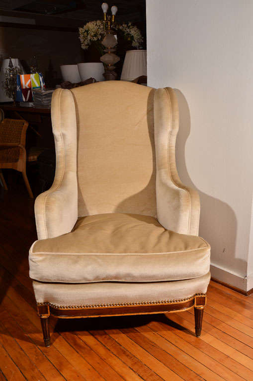 Maison Jansen Louis XVI Style Bergere, Giltwood painted details,<br />
in Champagne Colored Velvet Fabric with Nail Head Trim
