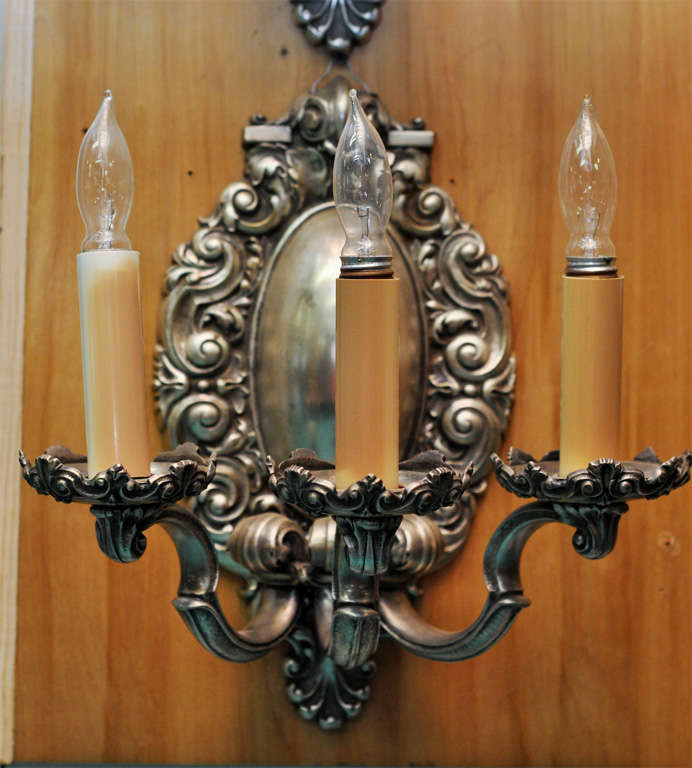 American silver wash 3 arm sconces. We have 2 pairs, priced per pair.

Needs to be re-wired.