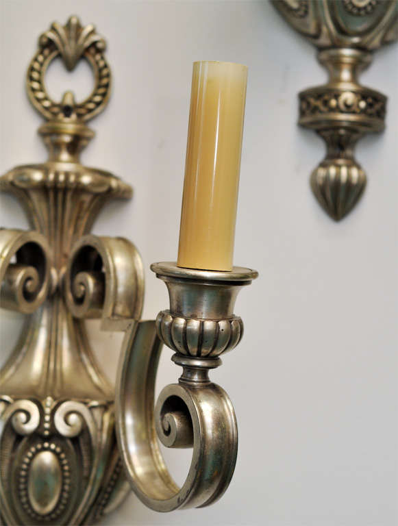 American silver wash 2 arm sconces In Excellent Condition In Chicago, IL