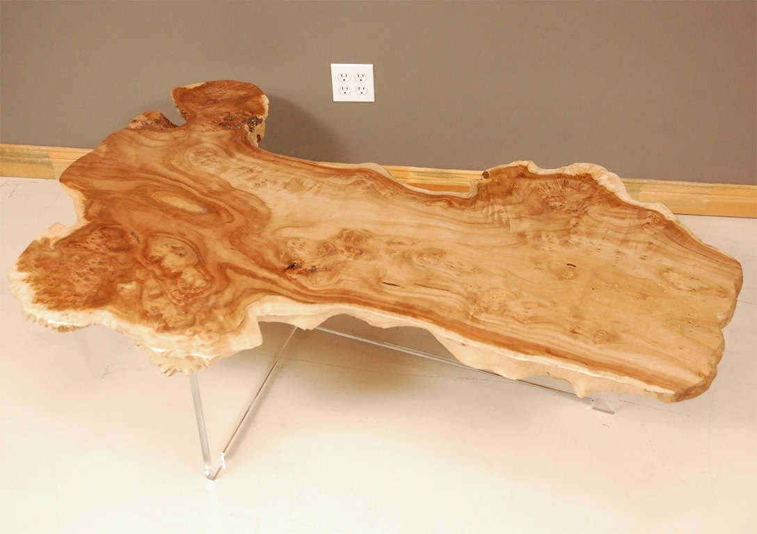 Limited edition custom Redlands Table with lucite base and refinished cottonwood root burl top.  Table is 38