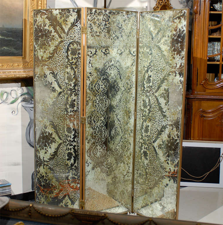 Three Panel Antiqued Mirrored Screen