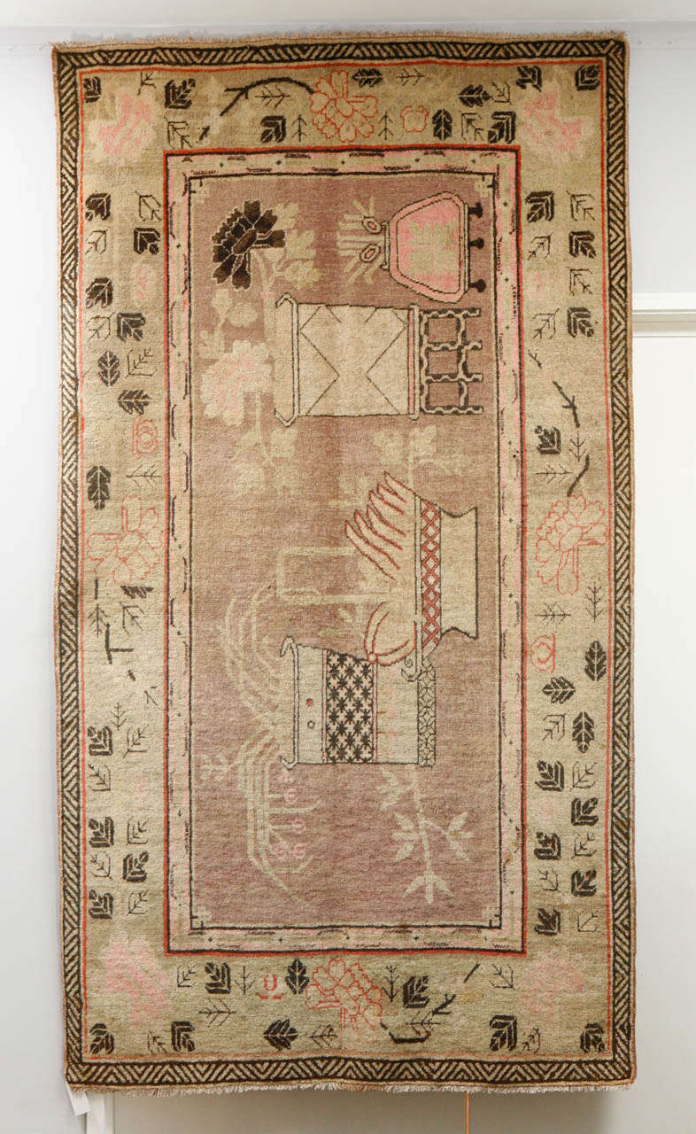 Very pale taupe, ivory, pink and brown  Samarkand rug. One directional design: Flower pots and baskets.  Floral border.