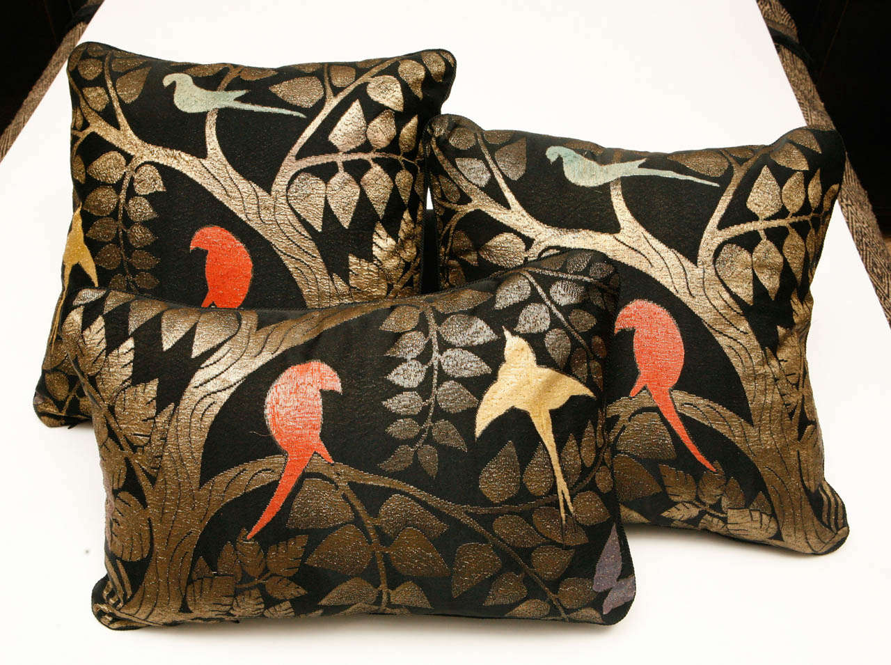French shawl fragments made into pillows. Woven with metallic gold thread and silk.  Black linen backing.  Invisible zippers.  Feather and down fill. 
9 x 17.5 (small rectangle)  $650
14.5 x 15 (square)  $950
14 x 22 (medium rectangle)  $1250
19