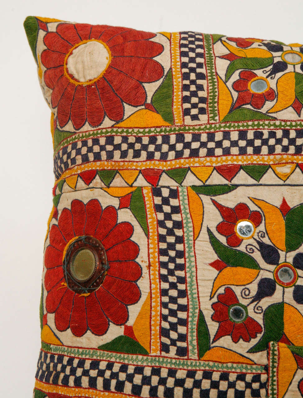 20th Century Shisha Mirror and Embroidery Indian Pillow For Sale