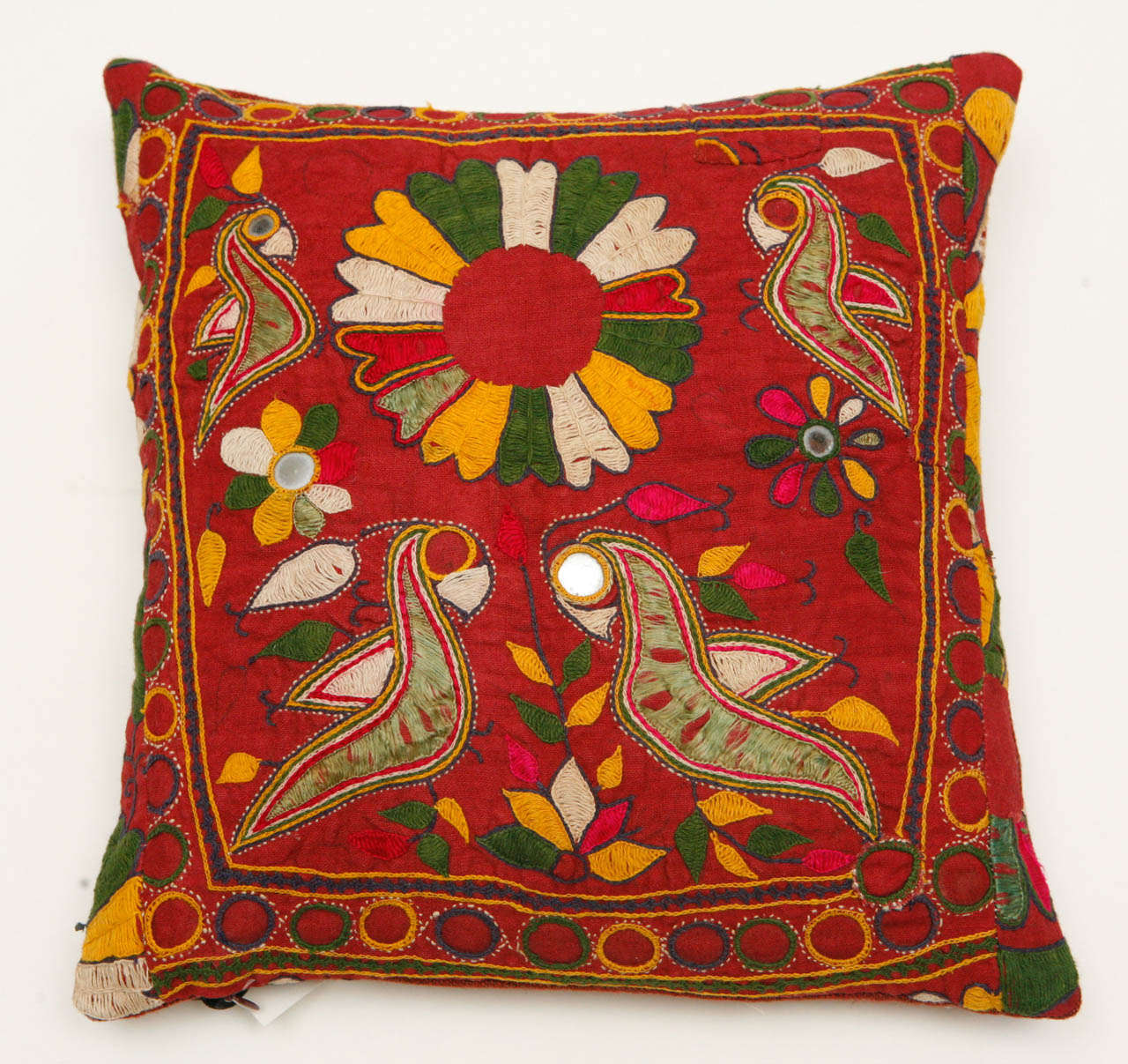 Small vintage Indian textile pillow with red linen back. Invisible zipper.   Feather and down fill.