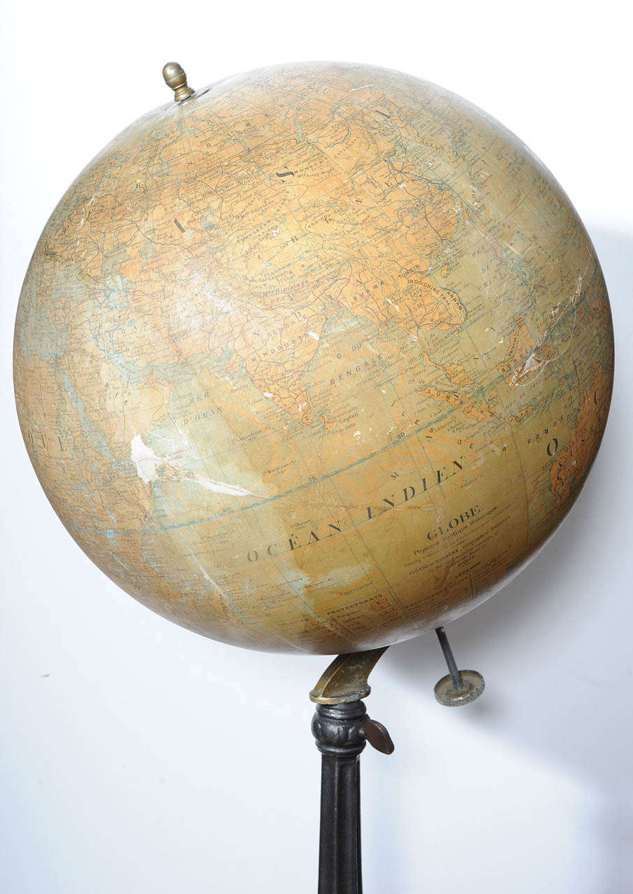 Brass Large Scale Floor Globe by Girard Barrère Paris on Elevated Cast-Iron Tripod