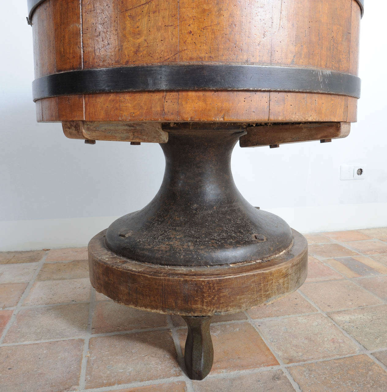 A Very Rare Round Wooden Butchers Block with Wrought-Iron Straps 1