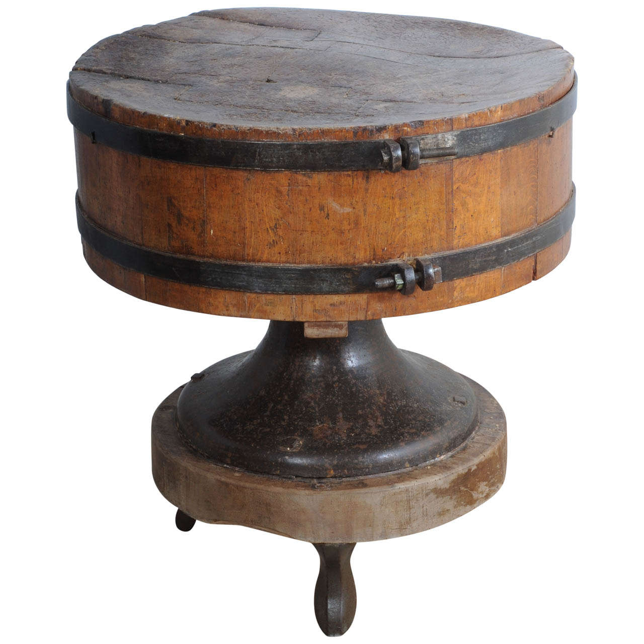 A Very Rare Round Wooden Butchers Block with Wrought-Iron Straps