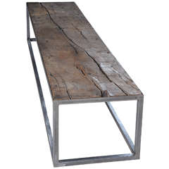 Vintage A Coffee Table Made of a 14th Century Dutch Oak Floorboard with Wrought-Iron Frame