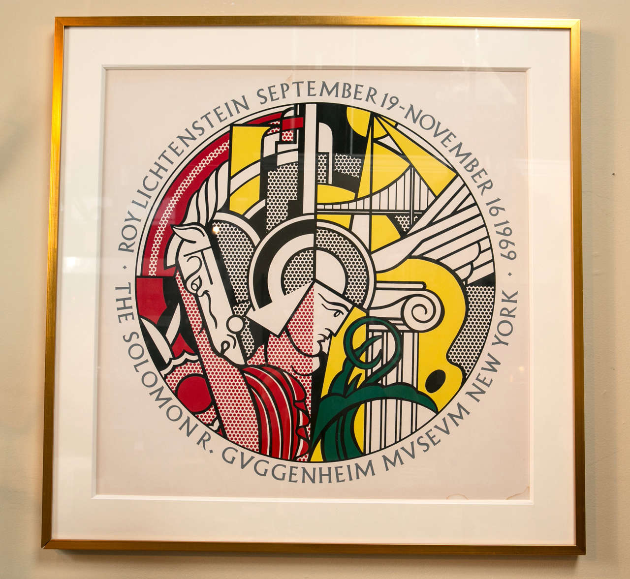 Roy Lichtenstein Poster aus dem Guggenheim Museum. 1969 Ausstellung in vergoldeten Rahmen mit tiefen Creme Mattierung - leichte Wasserschäden an der unteren rechten Rand.