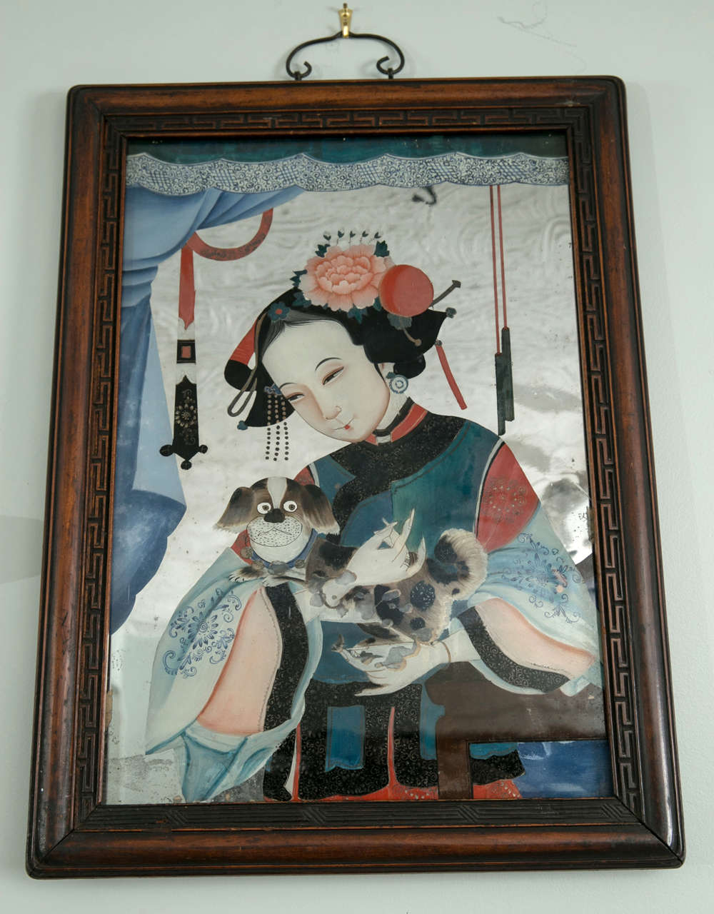 Pair of Chinese Eglomise Portraits of 2 Ladies Late 19th Century. Original Wood Frame