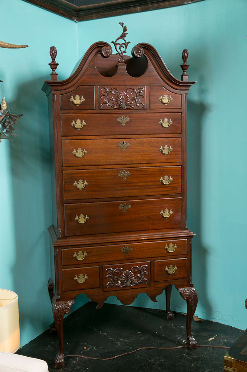 Charak hand made superb quality highboy.  Bonnet top, carved finials, dated and stamped inside drawer 1931 Queen Anne Style.