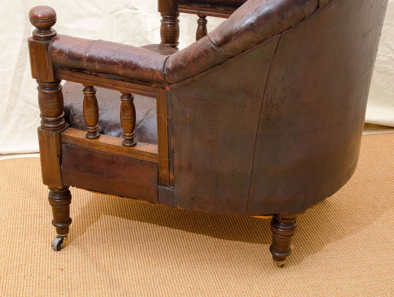 Other English Victorian Tufted Leather Barrel Back Open Armchair For Sale