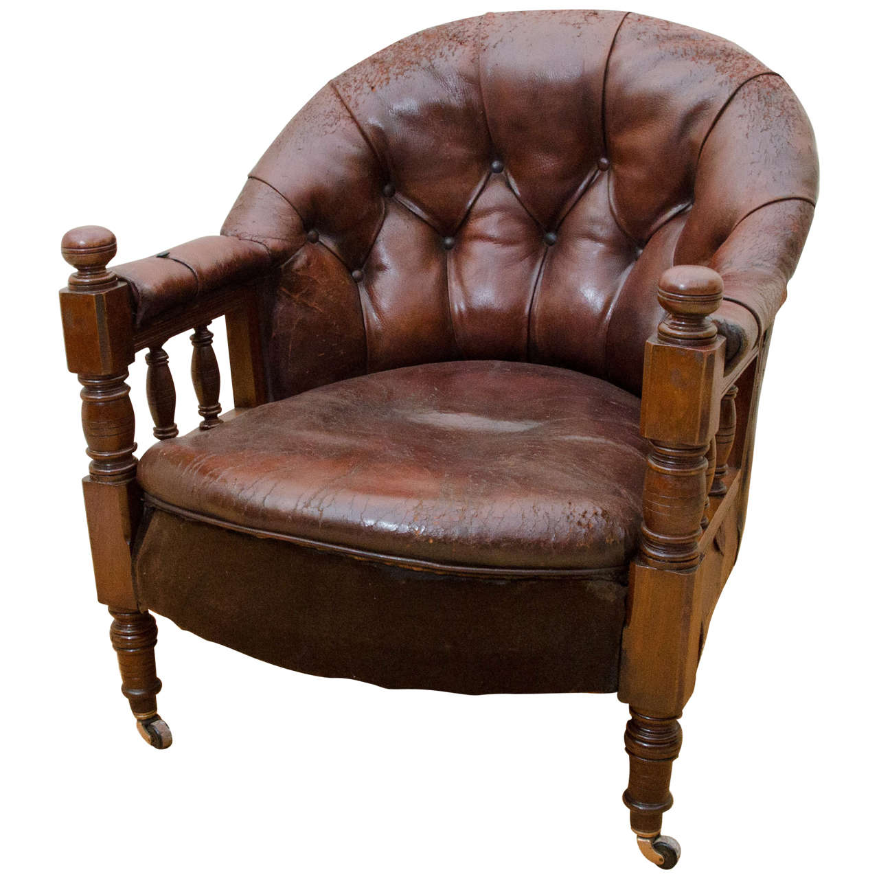 English Victorian Tufted Leather Barrel Back Open Armchair For Sale