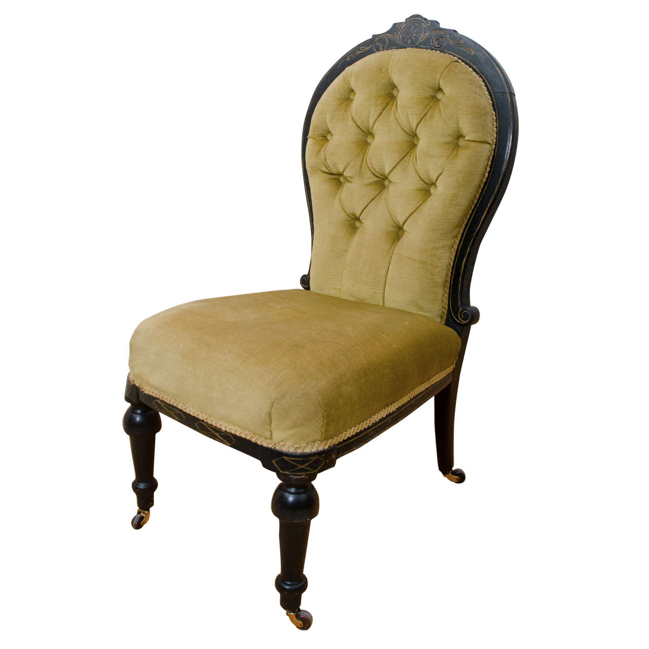 English Victorian Ebonized Tufted Back Slipper Chair For Sale